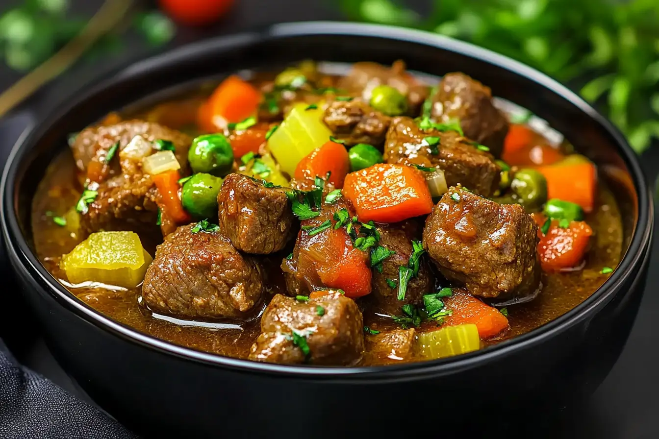 Veal stew with carrots, peas, and celery in a rich broth.