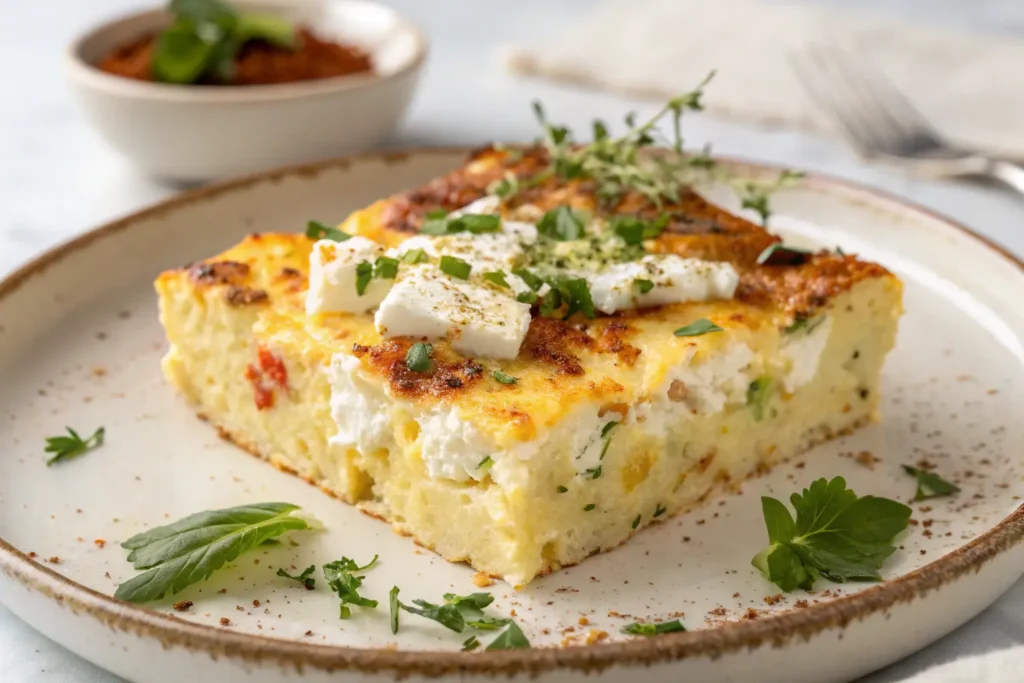 Slice of Cottage Cheese Egg Bake topped with fresh herbs and served on a plate.