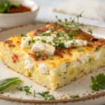 Slice of Cottage Cheese Egg Bake topped with fresh herbs and served on a plate.