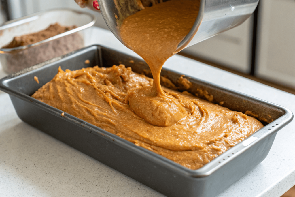 Pumpkin bread batter in loaf pan