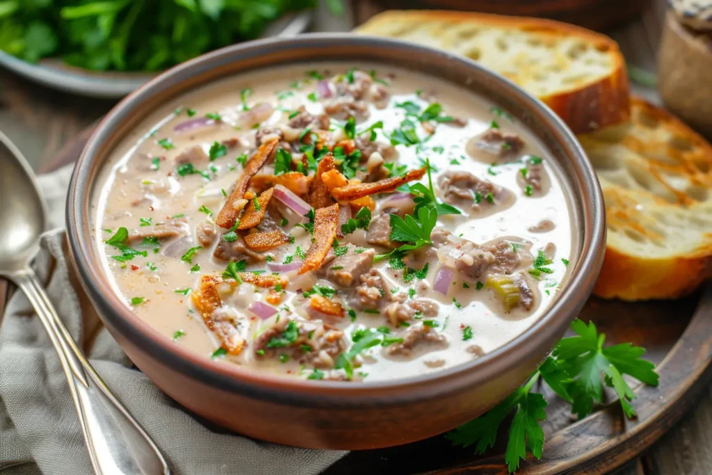 Close-up of Philly Cheesesteak Soup with melted cheese