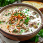 Close-up of Philly Cheesesteak Soup with melted cheese