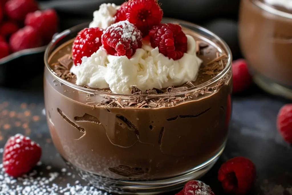 chocolate mousse with whipped cream and chocolate shavings.