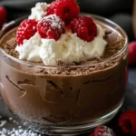 chocolate mousse with whipped cream and chocolate shavings.