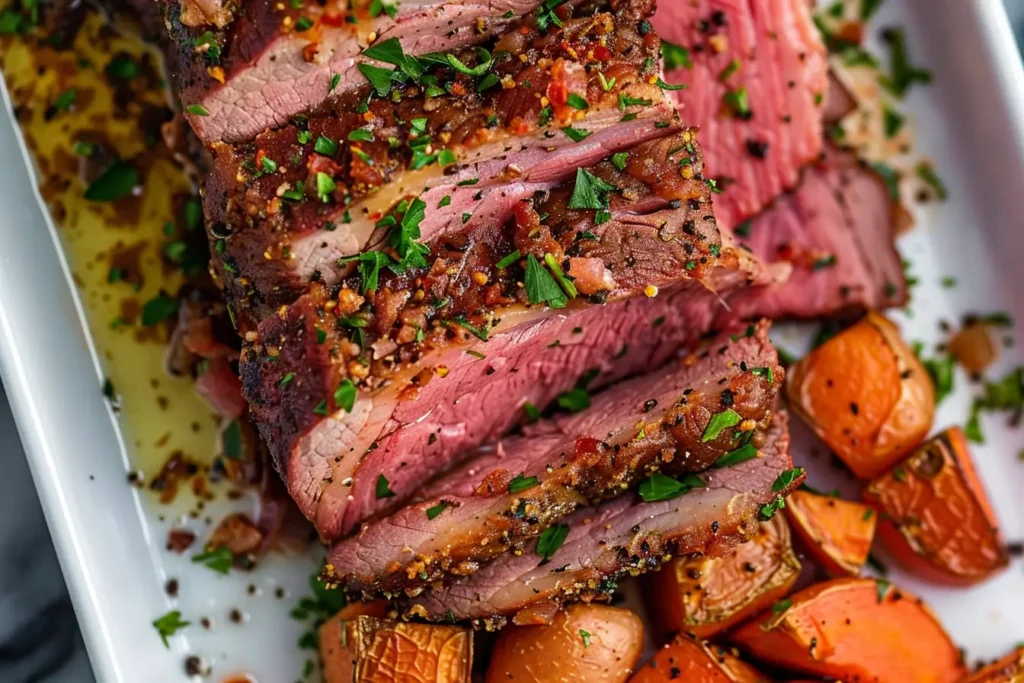 Juicy baked corned beef sliced on a wooden cutting board with a crispy, caramelized crust, showing its tender, flavorful interior.