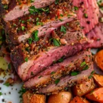Juicy baked corned beef sliced on a wooden cutting board with a crispy, caramelized crust, showing its tender, flavorful interior.